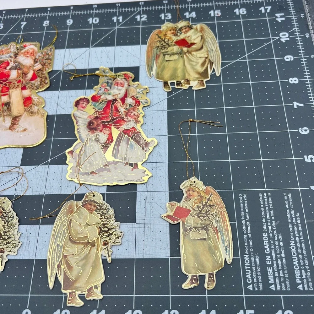 9pc Vintage Victorian Christmas Ornaments Santa Angel Gold Foil 1984 1986 Mixed
